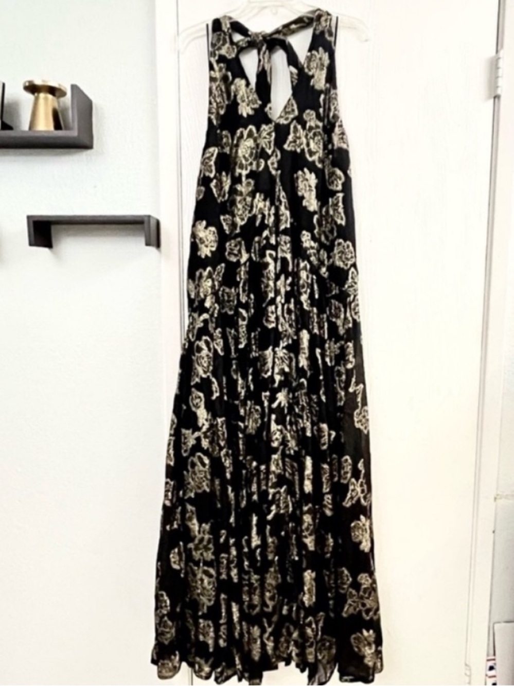 FREE PEOPLE Metallic Holding On Convertible Black Gold Floral Backless Dress M - Picture 3 of 14